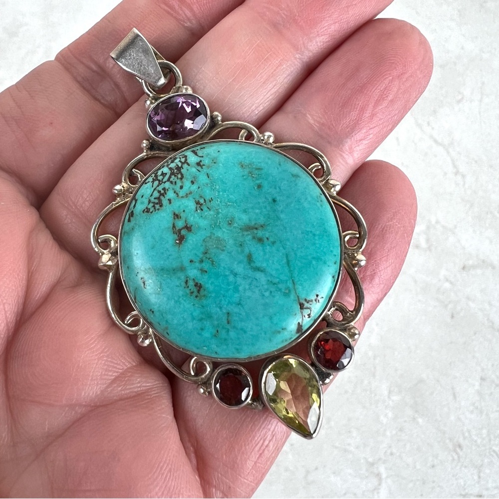 Turquoise Amethyst Garnet and Citrine Sterling Silver Pendant - Picture 2 of 7